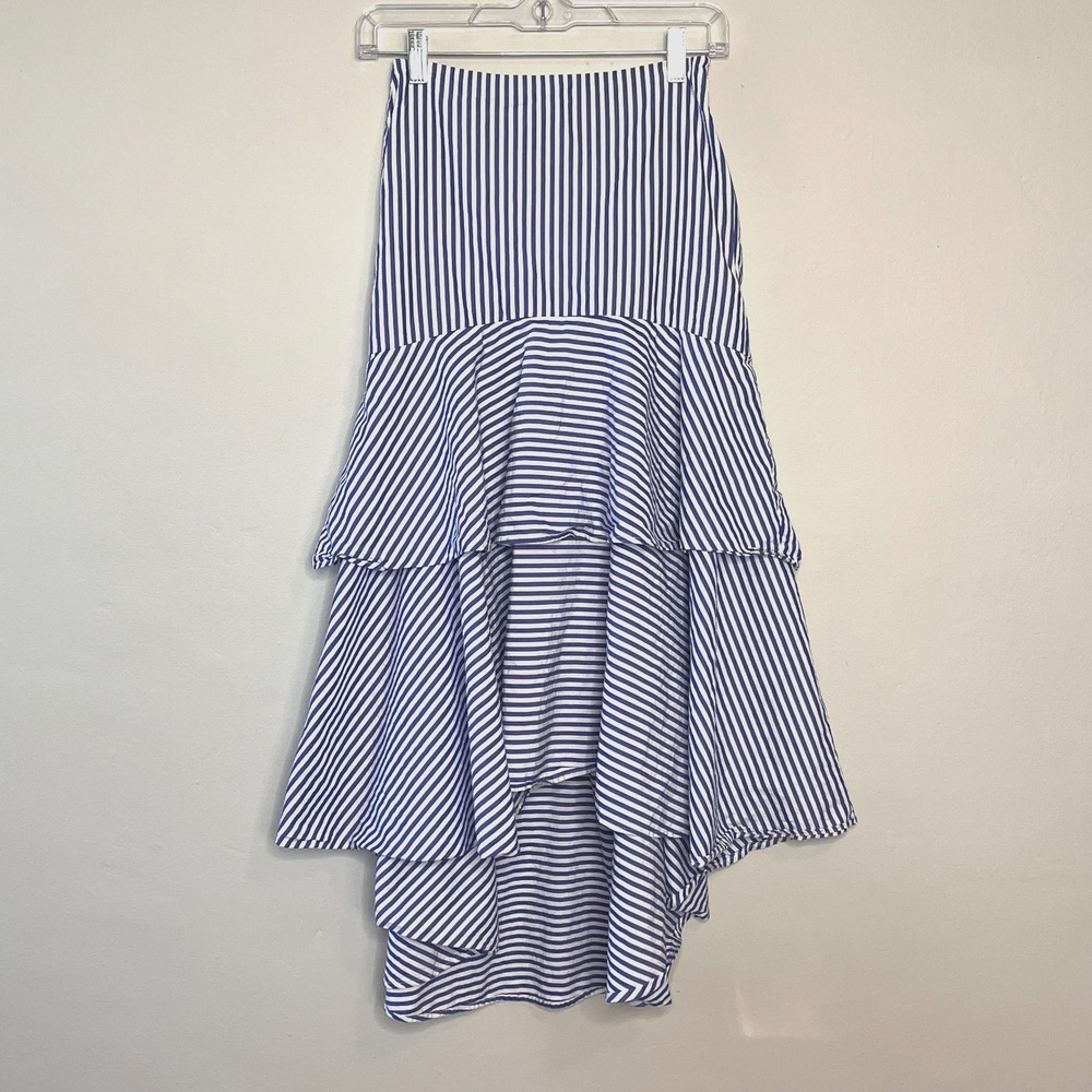 Banana Republic Tiered Midi Skirt 00P Blue Striped Hi-Low Coastal Resort Sailor